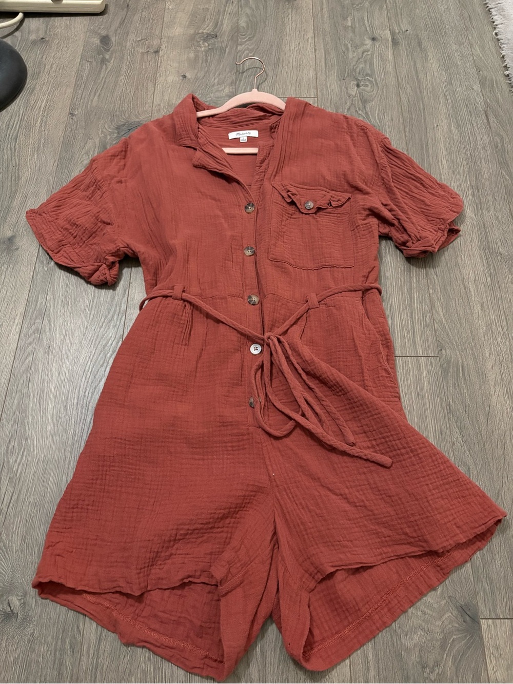 Madewell Brick Red Button-Front Short Sleeve Romper